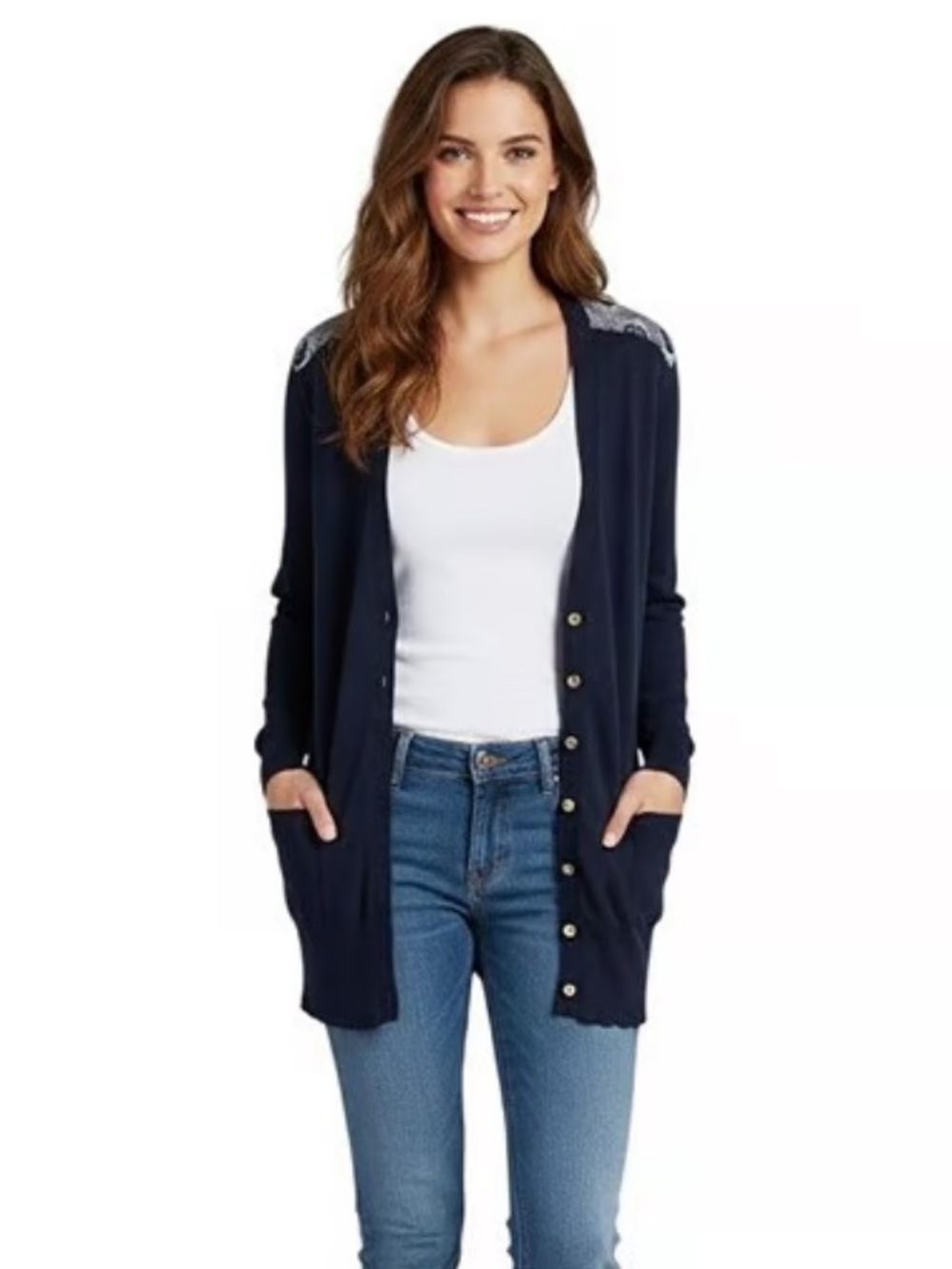 Tory Burch Navy Peacock Silk-Back Button up Cardigan